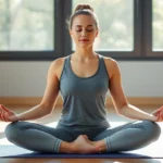 Person in meditation pose wearing comfortable athletic clothing, serene expression, sitting on yoga mat in bright natural light, hands resting on knees, shoulders relaxed, photorealistic professional wellness photography