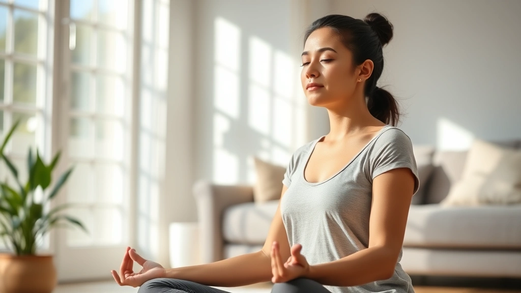 Person sitting in peaceful meditation pose with relaxed shoulders in bright natural light, serene expression, comfortable home environment, photorealistic wellness photography
