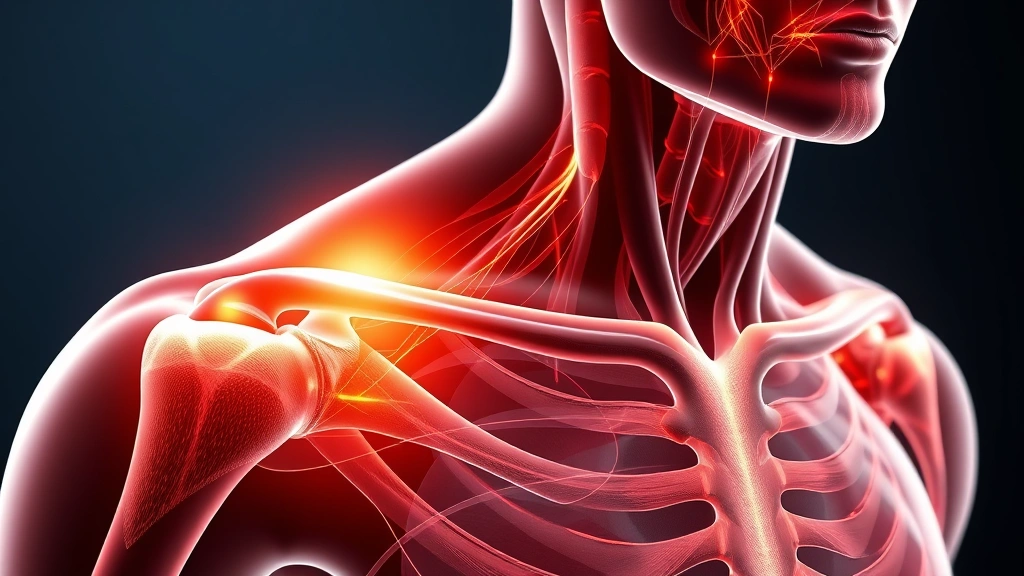Anatomical illustration showing shoulder and rotator cuff muscles with warm healing light or energy visualization representing therapeutic nervous system activation and tissue healing