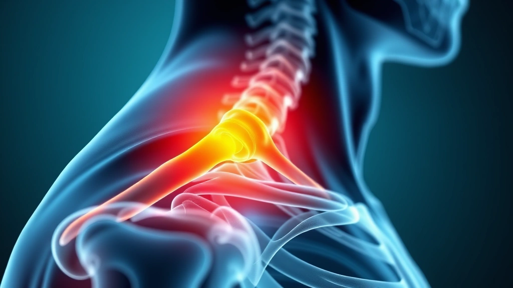 Close-up of shoulder anatomy showing inflamed tendon area with gentle glowing light effect representing healing, medical illustration style merged with calming blue and green tones, photorealistic detail
