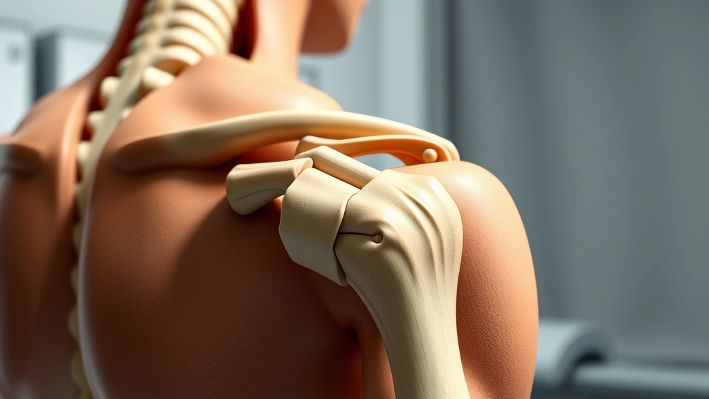 Close-up of human shoulder anatomy model showing rotator cuff tendons, realistic medical illustration style, professional clinical setting with soft focused background, anatomically accurate