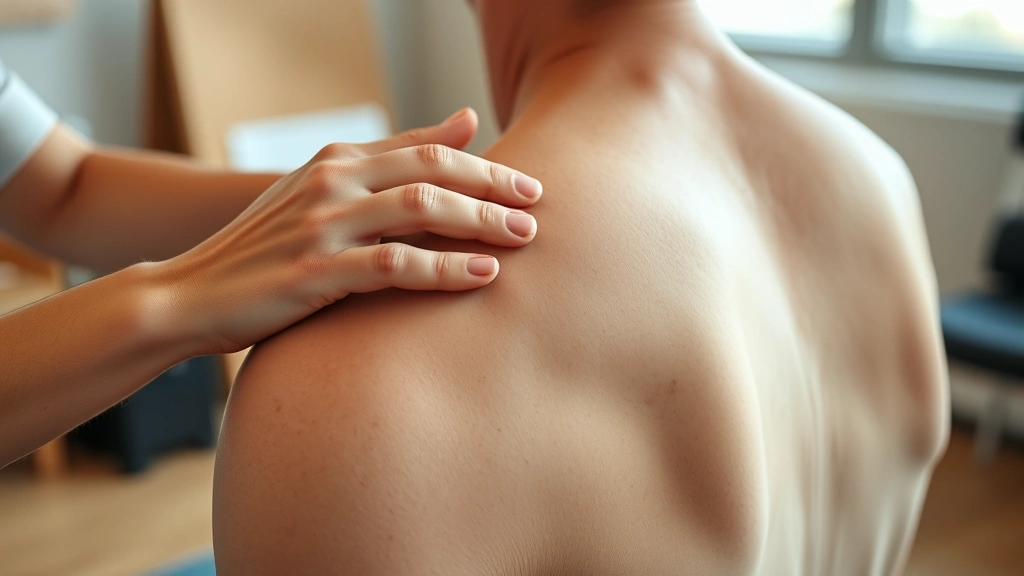 Close-up of person's shoulder during physical therapy exercise, therapist's hands guiding movement, patient demonstrating proper posture and engagement, clinical rehabilitation environment, warm natural lighting