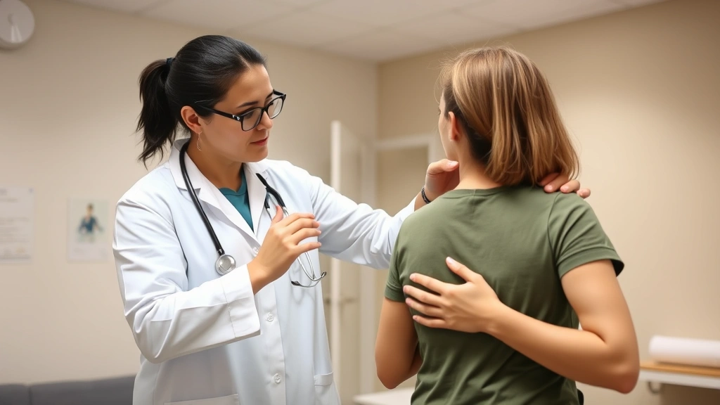 Healthcare professional guiding patient through shoulder mobility exercises with mindful awareness, physical therapy clinic setting, therapeutic interaction, professional medical environment