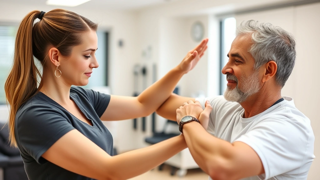 Therapist guiding patient through mindful movement exercise during shoulder rehabilitation session, patient demonstrating controlled arm movement with focused attention, bright clinical setting with exercise equipment visible