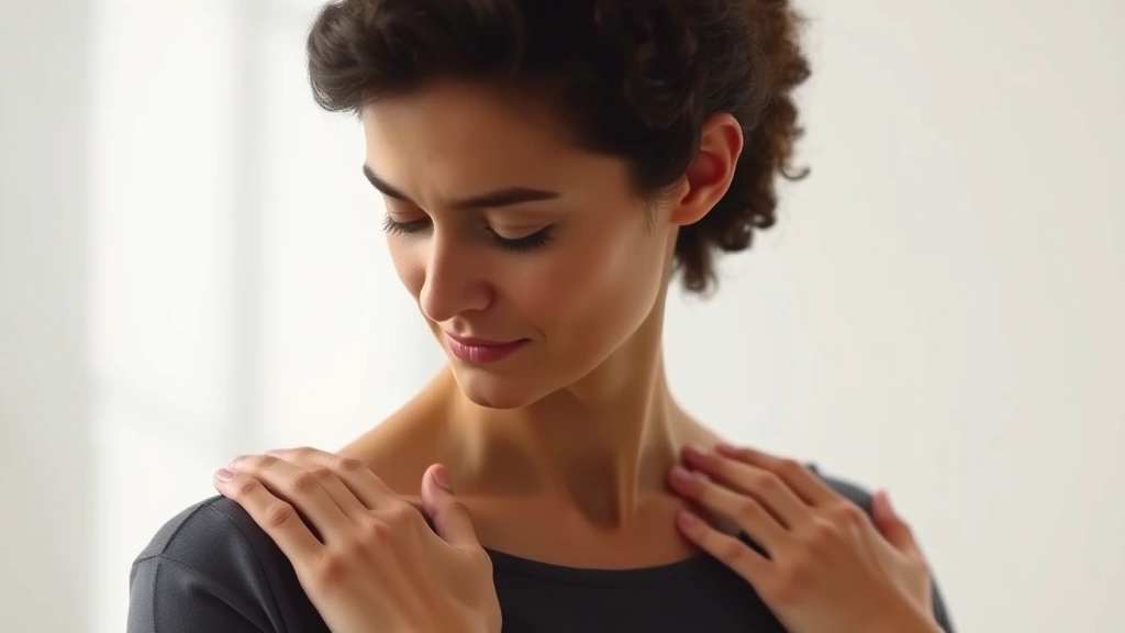 A person performing gentle mindful shoulder movement in bright studio, looking down with focus and awareness, natural posture, peaceful expression, soft diffused lighting, photorealistic therapeutic setting