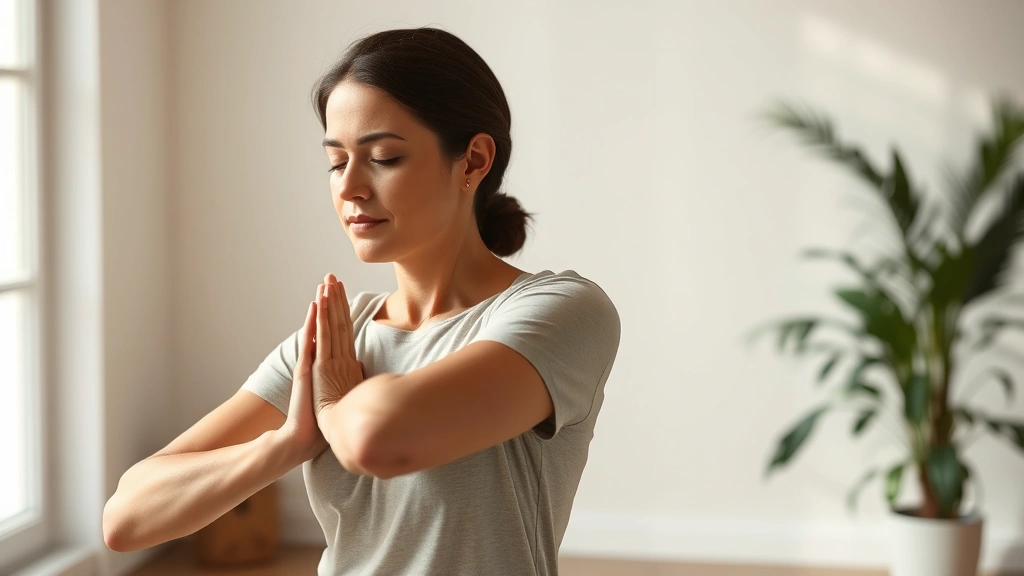 Person performing gentle shoulder stretch in mindful movement, natural indoor lighting, focused peaceful expression, therapeutic yoga pose, professional health and wellness photography