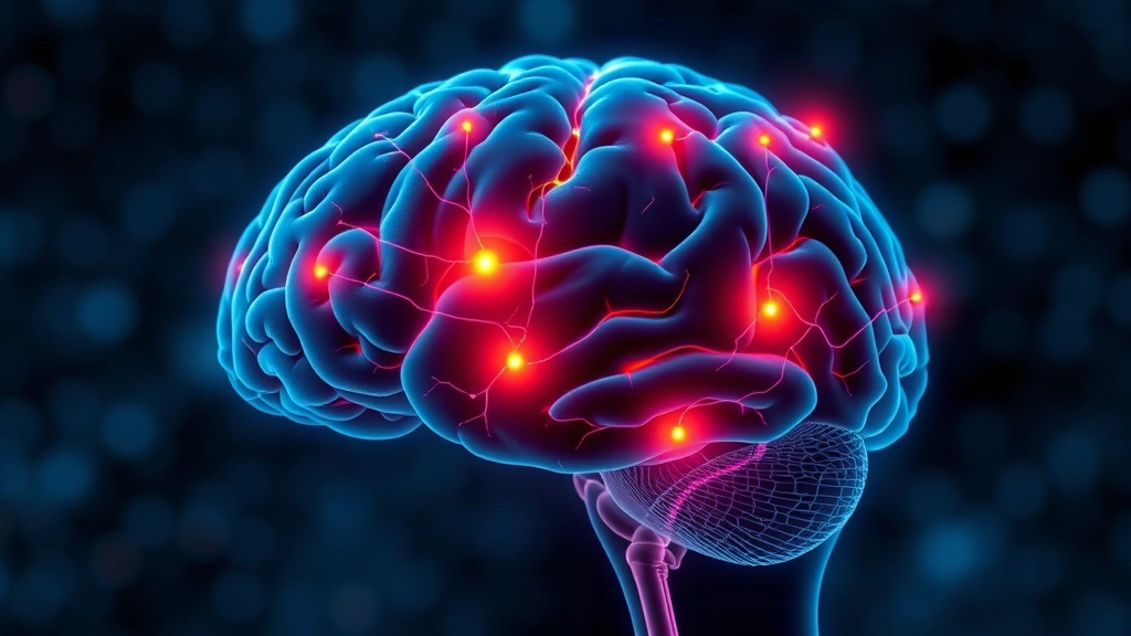 Brain scan visualization showing neural pathways and pain processing centers highlighted, abstract representation of mindfulness meditation effects on nervous system, scientific illustration style, no text or labels
