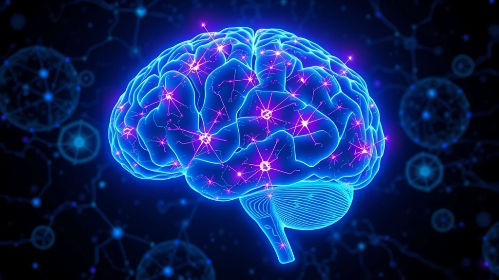 Brain visualization showing neural pathways and activity centers during mindfulness meditation, scientific medical illustration style, blue and purple luminescent neurons, abstract neuroscience imagery