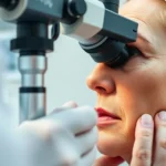 Close-up of a dermatologist examining patient skin with professional magnification tools in a clinical setting, natural lighting, showing professional medical consultation environment
