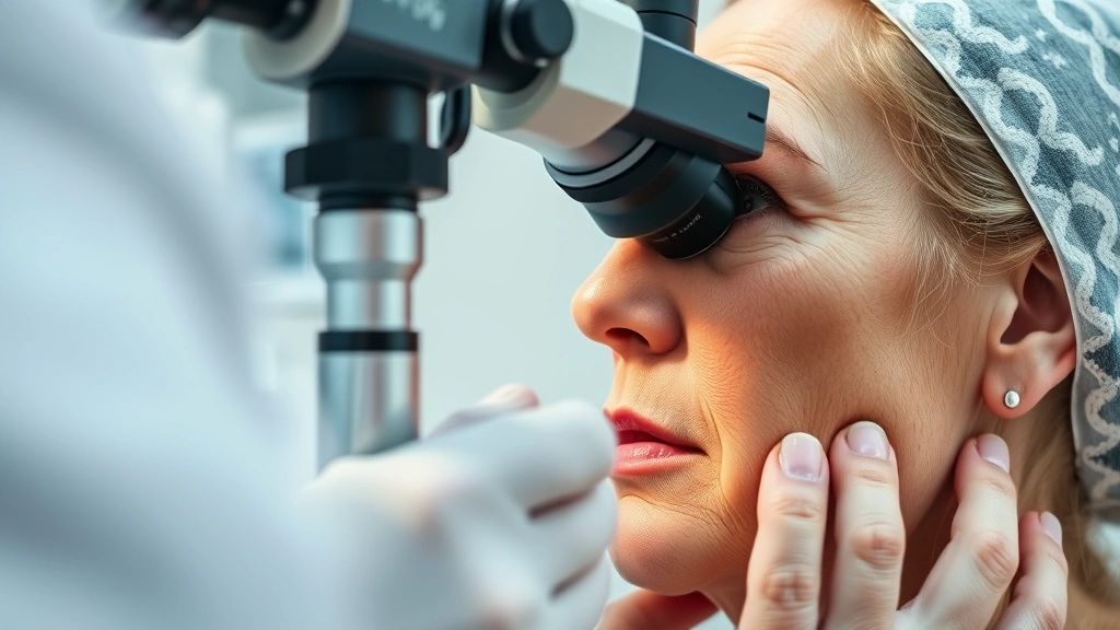 Close-up of a dermatologist examining patient skin with professional magnification tools in a clinical setting, natural lighting, showing professional medical consultation environment