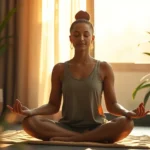 A person meditating peacefully in soft morning light, with serene facial expression, calm environment with plants, no text, photorealistic, wellness focused