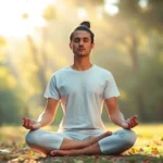 Person meditating in serene natural environment with soft morning light filtering through trees, peaceful expression, sitting cross-legged, hands resting on knees, completely calm and centered, photorealistic