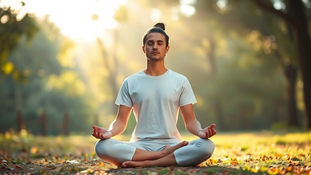 Person meditating in serene natural environment with soft morning light filtering through trees, peaceful expression, sitting cross-legged, hands resting on knees, completely calm and centered, photorealistic
