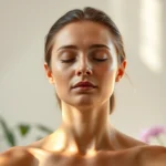 Person in meditation pose with serene expression, surrounded by soft natural light and peaceful environment, clear glowing skin visible, botanical elements like plants and flowers in background, photorealistic wellness aesthetic