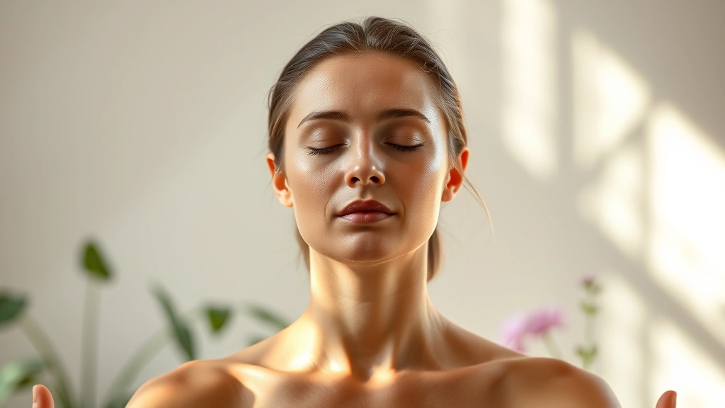 Person in meditation pose with serene expression, surrounded by soft natural light and peaceful environment, clear glowing skin visible, botanical elements like plants and flowers in background, photorealistic wellness aesthetic
