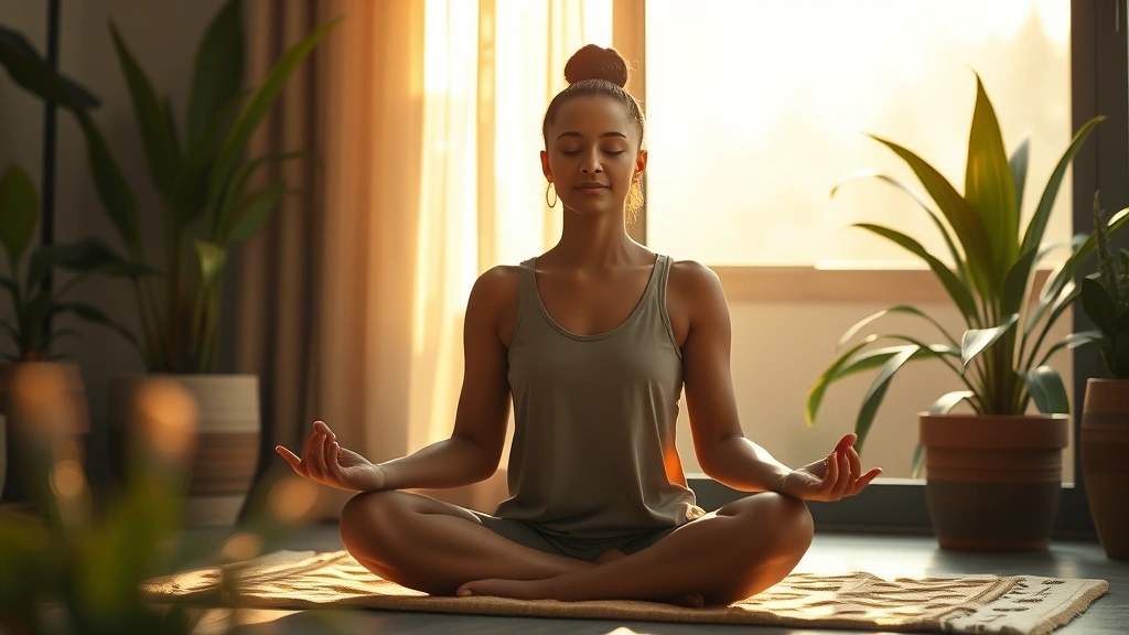 A person meditating peacefully in soft morning light, with serene facial expression, calm environment with plants, no text, photorealistic, wellness focused