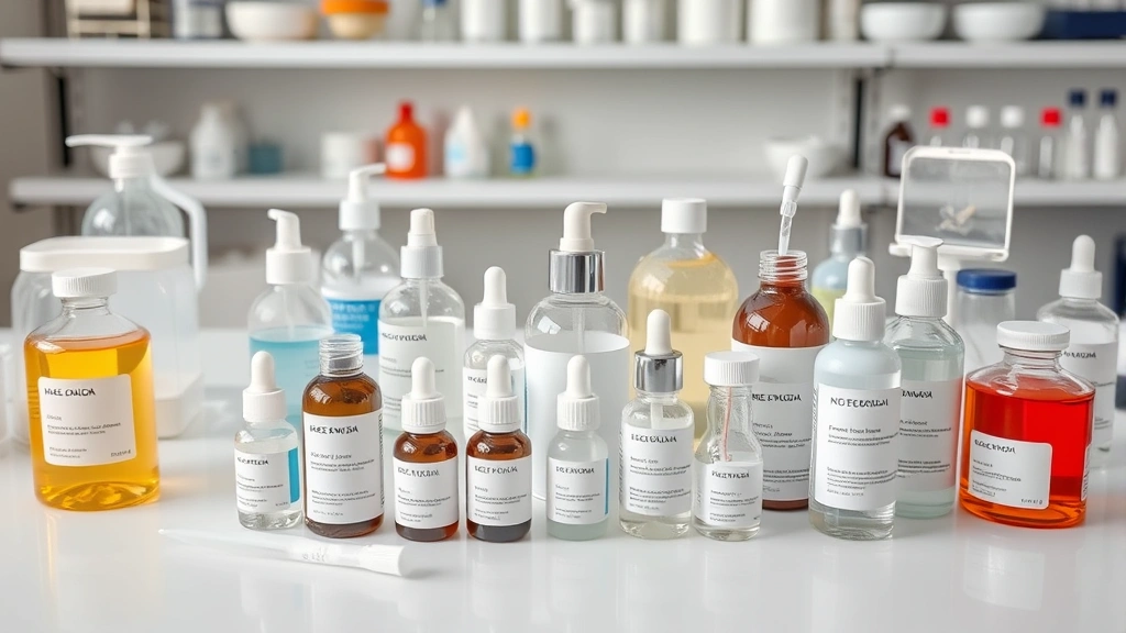 Laboratory bottles and containers with skincare formulations, chemical compounds, and testing equipment arranged on white surface, scientific aesthetic, no product labels visible