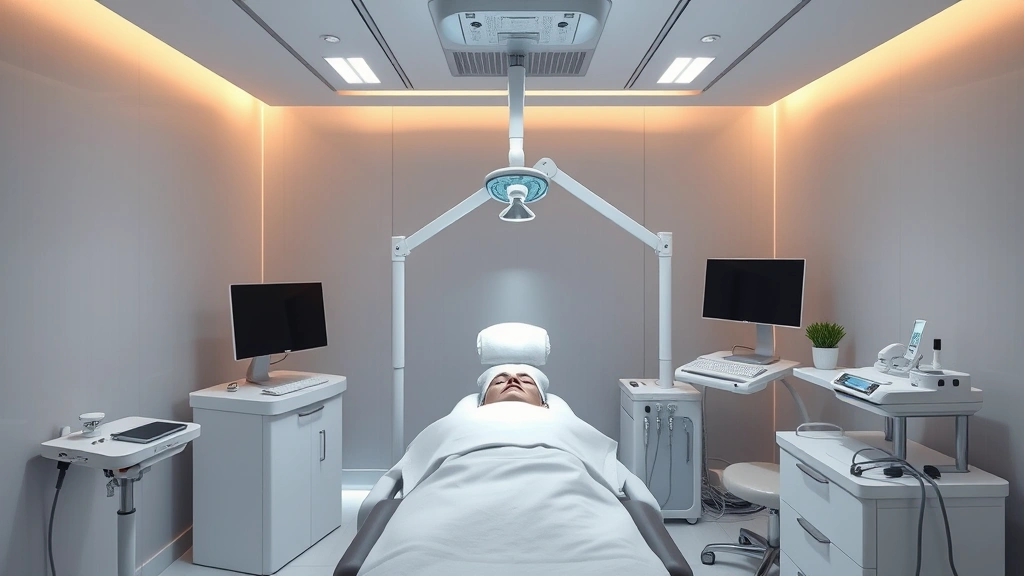 Modern laser treatment room with advanced dermatological equipment, clinical setting, professional medical environment with proper lighting and sterile appearance