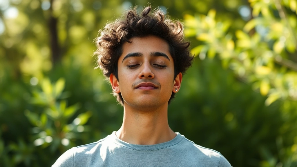 Individual practicing mindfulness breathing exercise outdoors in nature, calm facial expression, natural sunlight, green environment, demonstrating stress-reduction technique for skin wellness, photorealistic and peaceful composition