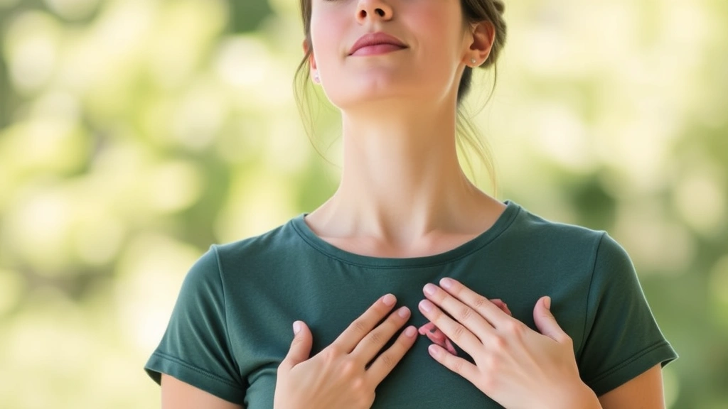 Woman practicing mindful breathing with eyes closed, gentle hand placement on chest, natural lighting, peaceful expression, no text, wellness and meditation theme