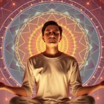 Person in meditation pose surrounded by glowing sound waves and geometric frequency patterns, serene expression, warm lighting, peaceful wellness environment