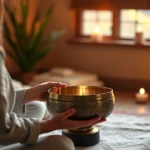 Serene wellness practitioner with Himalayan singing bowl, warm candlelight, peaceful sanctuary environment, client in meditative state receiving sound therapy treatment