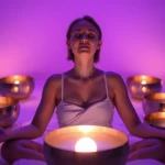 Person in peaceful meditation position during sound bath session with glowing singing bowls in soft purple and blue lighting, serene expression, therapeutic wellness environment