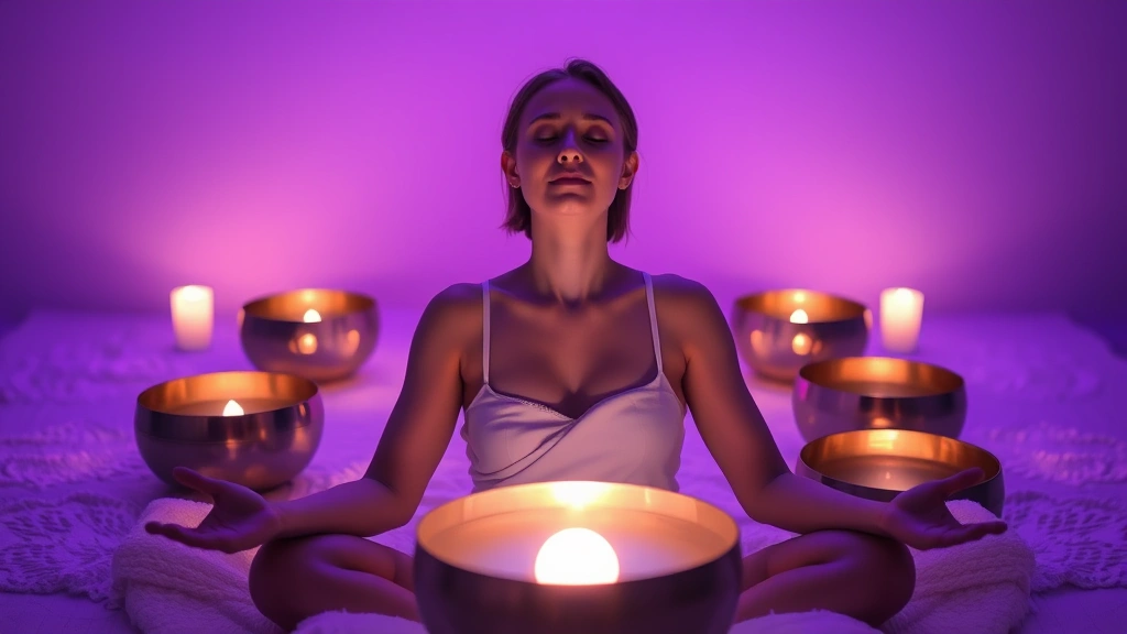 Person in peaceful meditation position during sound bath session with glowing singing bowls in soft purple and blue lighting, serene expression, therapeutic wellness environment