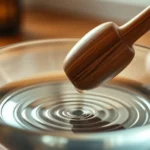 Close-up of crystal singing bowl being played with wooden mallet, vibrations visible as ripples in water surface, warm ambient lighting, peaceful meditation space background, no text