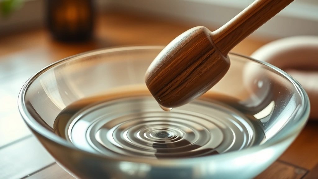 Close-up of crystal singing bowl being played with wooden mallet, vibrations visible as ripples in water surface, warm ambient lighting, peaceful meditation space background, no text