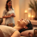 Person receiving sound therapy with singing bowls in serene spa setting, soft lighting, peaceful expression, professional practitioner in background