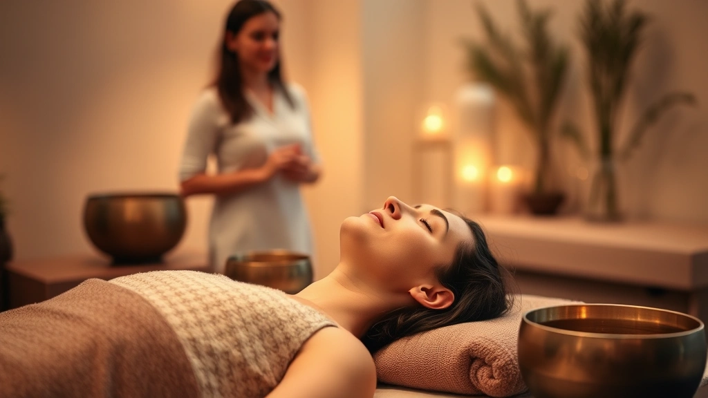 Person receiving sound therapy with singing bowls in serene spa setting, soft lighting, peaceful expression, professional practitioner in background
