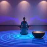 Serene meditation space with person sitting peacefully while sound waves visualized as gentle blue and purple ripples emanate from singing bowl, soft lighting, calming atmosphere, no text visible