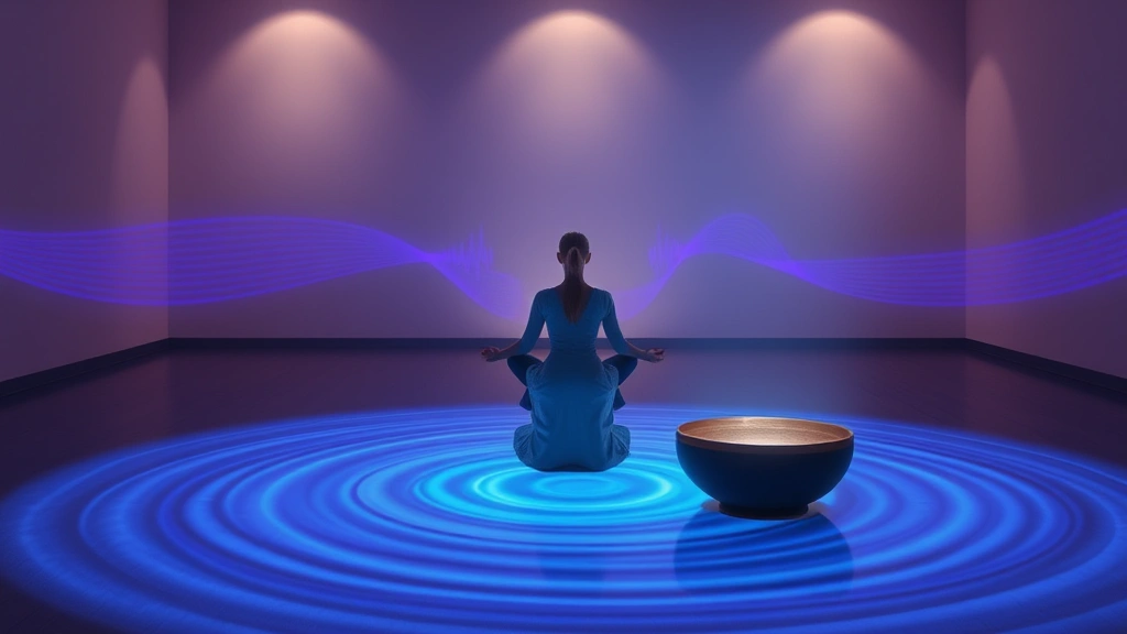Serene meditation space with person sitting peacefully while sound waves visualized as gentle blue and purple ripples emanate from singing bowl, soft lighting, calming atmosphere, no text visible