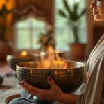 Serene person experiencing sound therapy with singing bowls in a peaceful meditation room, warm lighting, close-up of vibrating crystal bowl, photorealistic, calming atmosphere