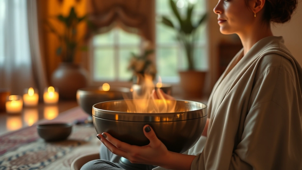Serene person experiencing sound therapy with singing bowls in a peaceful meditation room, warm lighting, close-up of vibrating crystal bowl, photorealistic, calming atmosphere