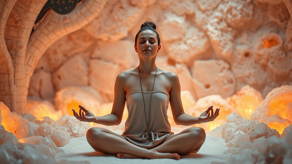 Person meditating in peaceful spa setting surrounded by Himalayan salt crystals and soft warm lighting, serene expression, wellness environment, photorealistic