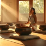 Serene meditation space with singing bowls arranged on soft cushions, warm golden light streaming through windows, peaceful zen atmosphere, person in lotus position with eyes closed, no text or visible instruments details