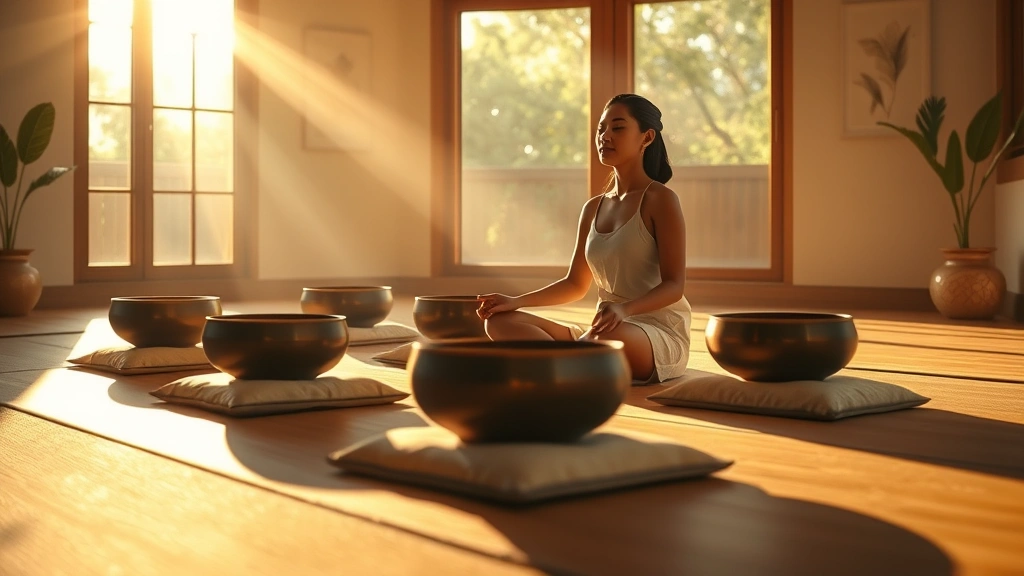 Serene meditation space with singing bowls arranged on soft cushions, warm golden light streaming through windows, peaceful zen atmosphere, person in lotus position with eyes closed, no text or visible instruments details
