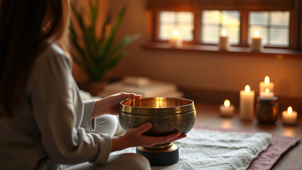 Serene wellness practitioner with Himalayan singing bowl, warm candlelight, peaceful sanctuary environment, client in meditative state receiving sound therapy treatment