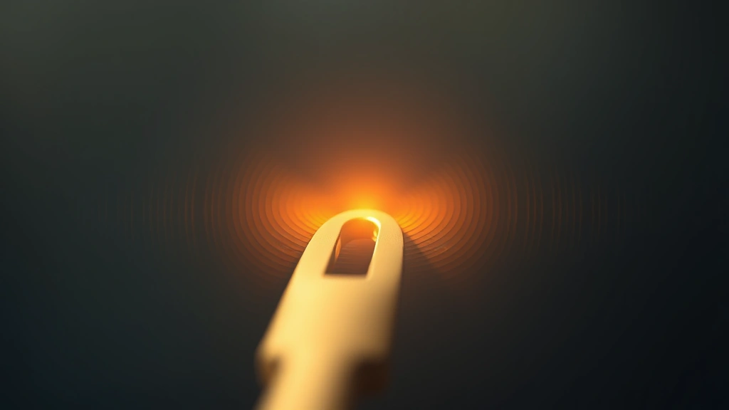 Close-up of vibrating tuning fork creating visible sound waves in air with soft golden light, frequency visualization, holistic healing aesthetic, professional medical setting