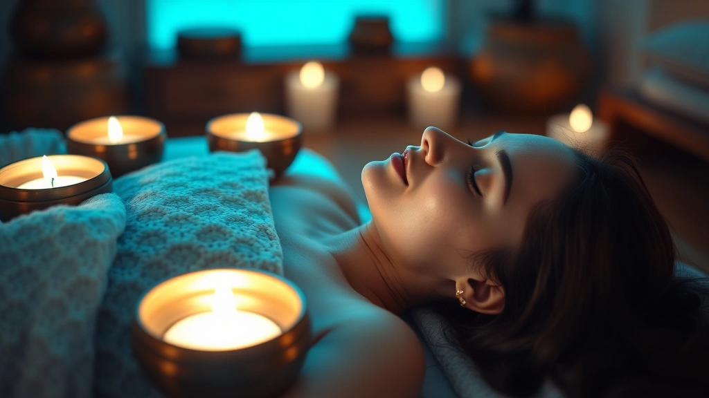 Person lying down in serene wellness clinic receiving sound bath therapy, multiple Tibetan singing bowls glowing softly around them, calming blue-green lighting, tranquil expression, no visible text or screens