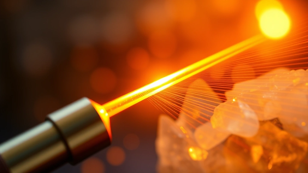 Close-up of glowing tuning forks creating harmonic vibrations with visible sound waves, crystal formations, therapeutic wellness environment, warm amber lighting