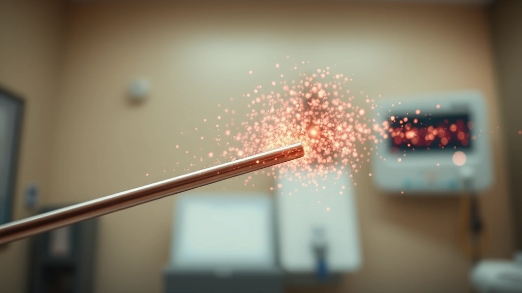 Close-up of tuning fork vibrating with sound waves visible as glowing particles, professional clinical setting, warm neutral tones, scientific visualization style, no labels or text