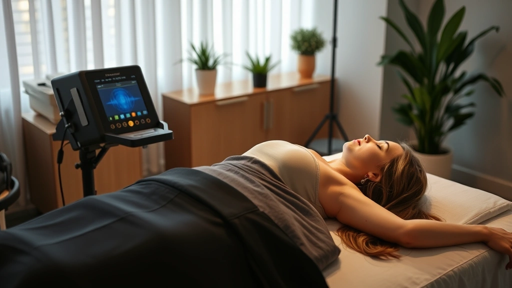 Professional sound therapy session with patient lying down receiving vibroacoustic treatment from therapeutic device, modern wellness center, clinical yet peaceful environment