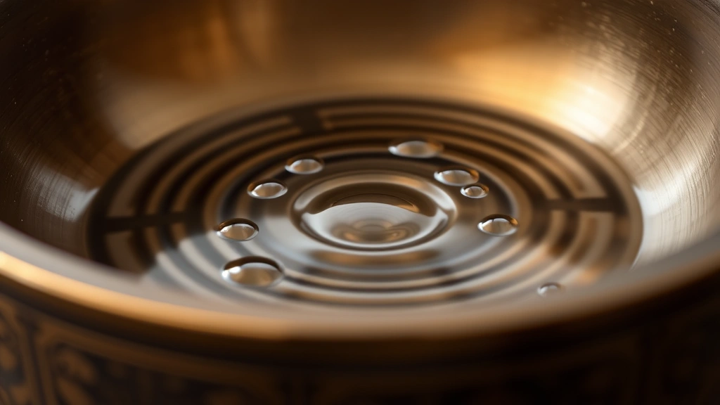 Close-up of vibrating singing bowl with water droplets creating ripple patterns, crystal clear detail of sound waves, serene aesthetic, no text