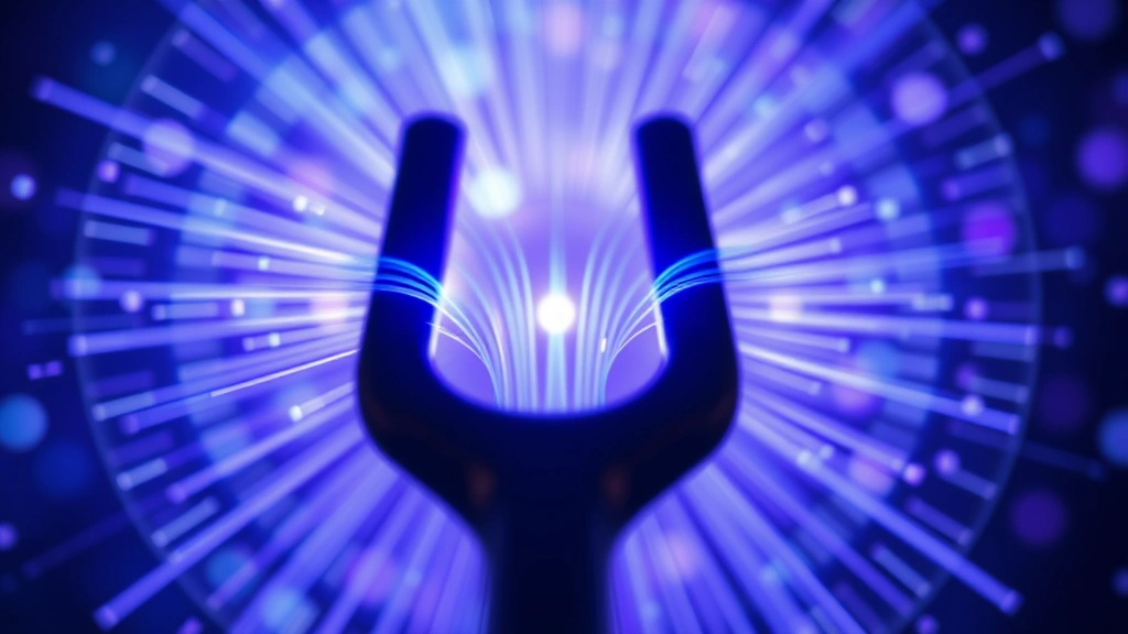 Close-up of tuning fork vibrating with visible sound waves emanating outward, blue and purple energy frequencies visible, therapeutic healing environment, macro photography style, ethereal and calming visual, no text