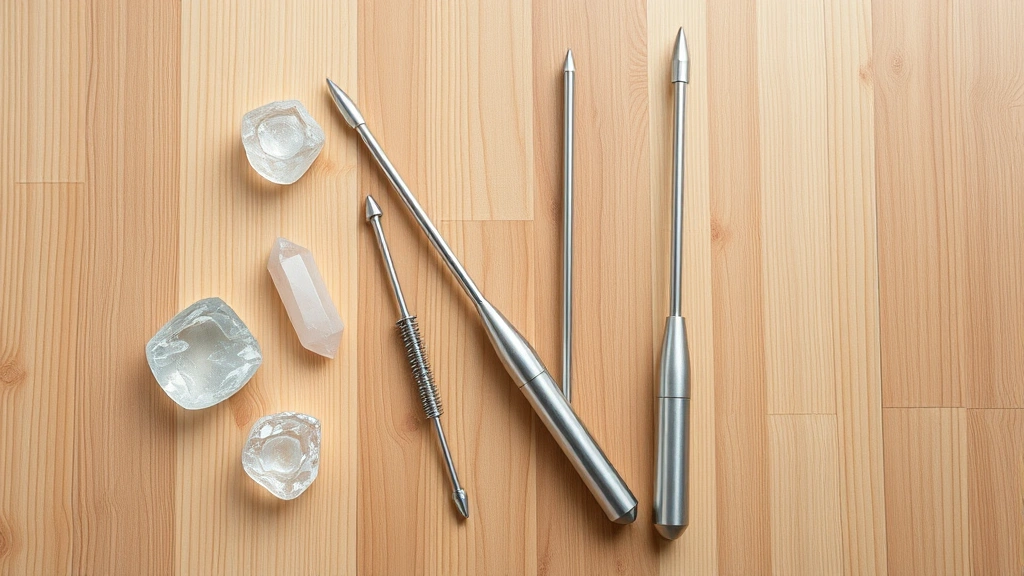 Overhead view of crystal and metal tuning forks arranged on natural wood surface with soft diffused lighting, wellness therapy tools