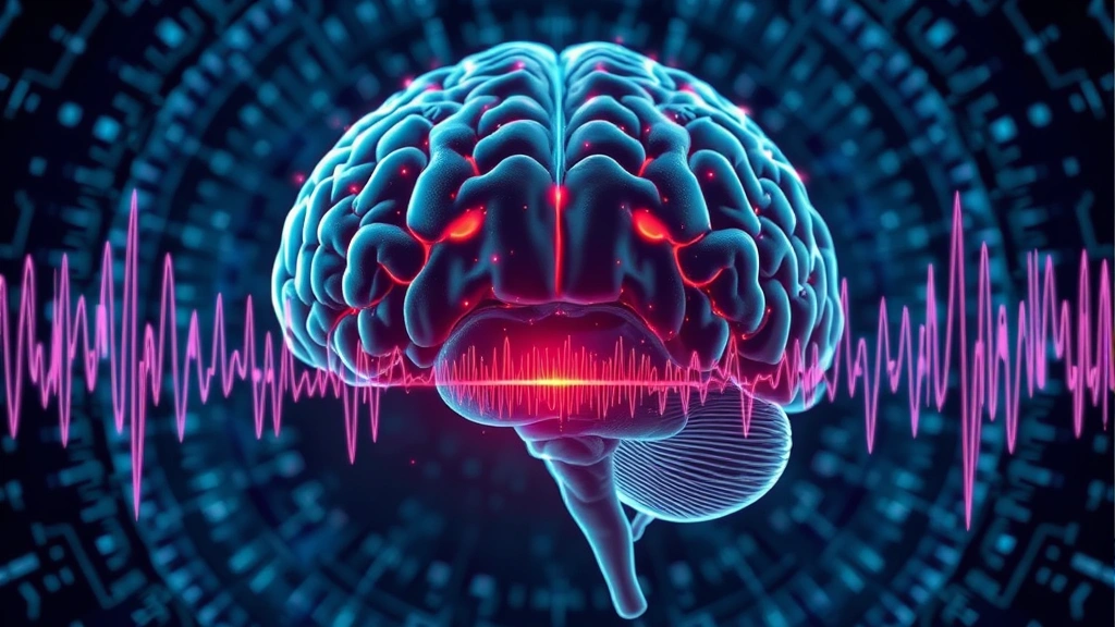 Brain scan visualization showing neural activity with sound wave frequencies, scientific representation of binaural beats affecting brainwaves, modern laboratory aesthetic