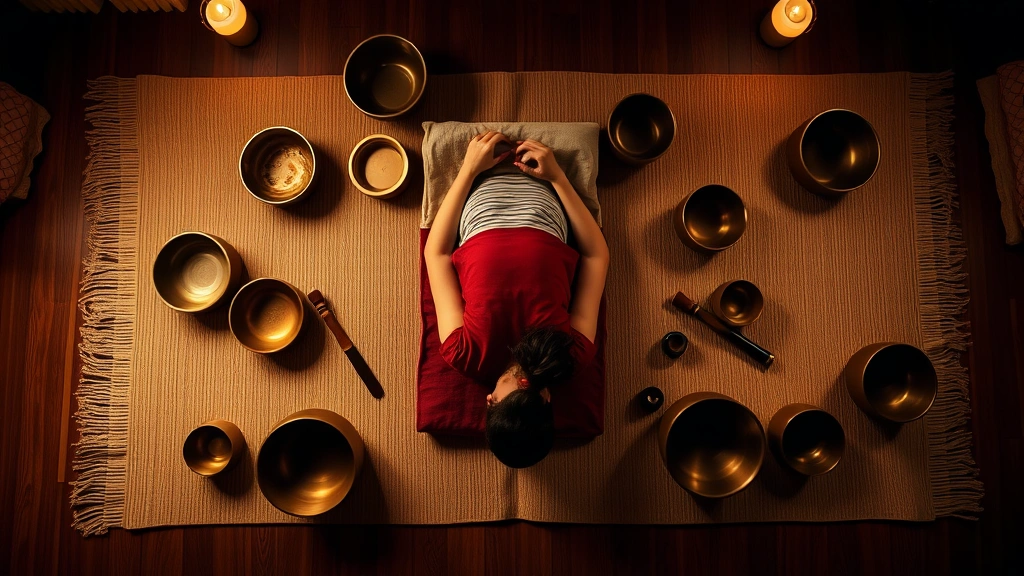Overhead view of person lying on cushioned mat surrounded by multiple singing bowls of different sizes, warm ambient lighting, sound therapy studio atmosphere, deep relaxation